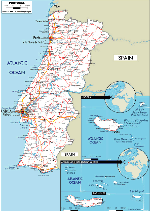 Large road map of Portugal with cities, Portugal, Europe, Mapsland
